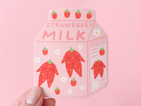 Feminist Sticker Vinyl- Strawberry Milk Cute Pink Floral Illustration Waterproof Dishwasher-Safe Vinyl Sticker Waterbottle Laptop Planner