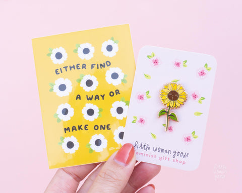 Sunflower Enamel Pin Feminist Art- Sun Flower Illustrated Original Art Plant Gardeners Florist Fall Flowers Original Artwork