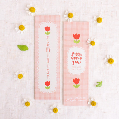 Feminist Tulip Bookmark- Pink Gingham Floral Stationery | Girl Power Gift for Book Lovers