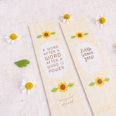 Feminist Literary Bookmark- Margaret Atwood Quote Cute Yellow Sunflower Gingham Stationery