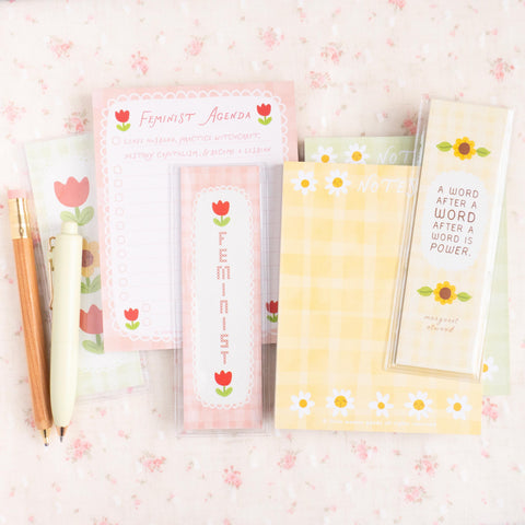 Feminist Literary Bookmark- Margaret Atwood Quote Cute Yellow Sunflower Gingham Stationery