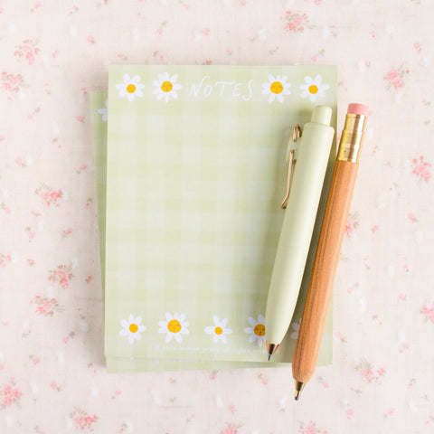Green Daisy Notepad, Sage Gingham Floral Stationery | Cute Desk Pad for Planner & Journaling