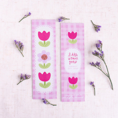 Magenta Floral Feminist Bookmark- Pink Gingham Daisy & Tulip Stationery
