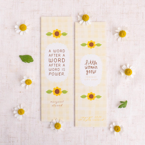 Feminist Literary Bookmark- Margaret Atwood Quote Cute Yellow Sunflower Gingham Stationery