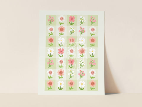 Green Floral Gingham Art Print