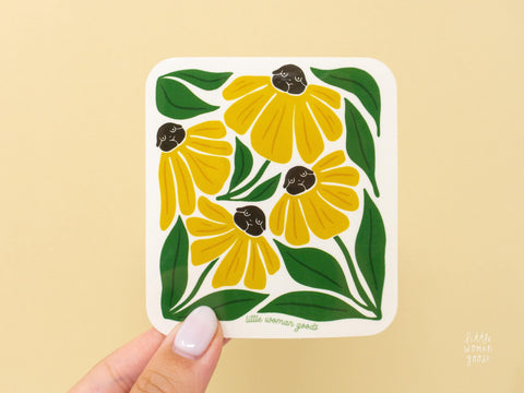 Floral Vinyl Sticker- Yellow Flower Design, Golden Retro Daisies, Original Art & Illustration, Waterproof Vinyl, Feminist Design