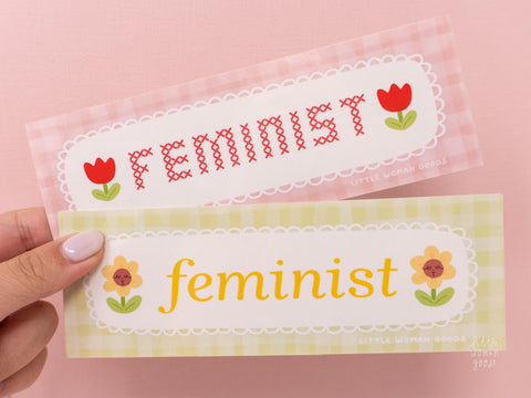 Tulip Feminist Car Bumper Sticker- Red Gingham, Laptop Sticker, Original Feminist Art, Floral Illustration, Vinyl Bumper Decal, Strong Women