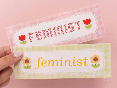 Sunflower Feminist Car Bumper Sticker- Green Gingham Vinyl Bumper Decal, Laptop Sticker, Original Art, Artistic Sticker for Window Outdoors