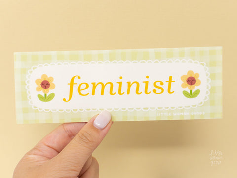 Sunflower Feminist Car Bumper Sticker- Green Gingham Vinyl Bumper Decal, Laptop Sticker, Original Art, Artistic Sticker for Window Outdoors