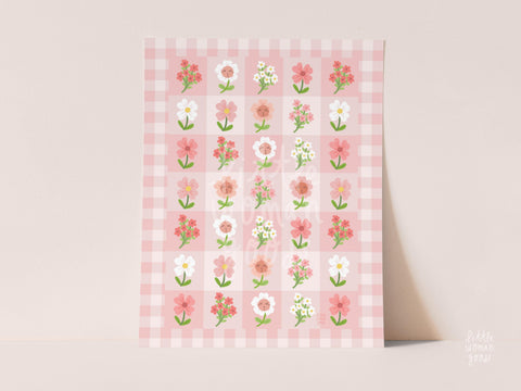 Pink Floral Gingham Art Print