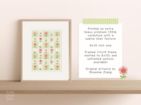 Green Floral Gingham Art Print