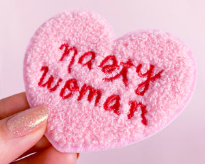 Nasty Woman Patch- Iron on Embroidered Patch Feminist Pink Chenille Heart