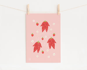 Strawberry Girls Art Print- Feminist Illustration Cute Pink Wall Art Floral Digital Illustration Fine Art