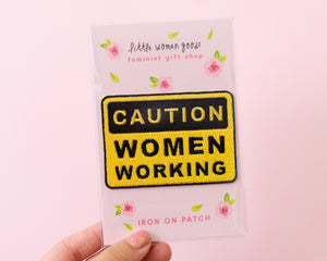 Feminist Patch- Iron on Embroidered Patch &quot;Caution Women Working&quot; Funny Cute Floral Accessories Girl Power