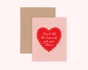 Feminist Greeting Card- &quot;Don&#39;t Let the Bastards Get You Down&quot; Illustrated Cute Pink Greeting Card A2 Kraft Paper Funny