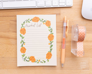 Feminist Market List Notepad- Cute Orange Stationery Planner Accessories Citrus Fruit Floral Notes To do Paper A6