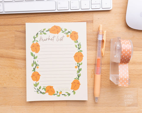 Feminist Market List Notepad- Cute Orange Stationery Planner Accessories Citrus Fruit Floral Notes To do Paper A6