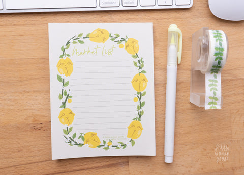 Feminist Market List Notepad- Lemon Cute Stationery Planner Shopping List Citrus Fruit Yellow Floral Notes To do Paper A6