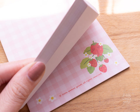 Strawberry Gingham Notepad- Cute Pink Feminist Cottagecore Stationery Planner Accessories Fruit Floral Notes To do Paper A6
