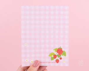 Strawberry Gingham Notepad- Cute Pink Feminist Cottagecore Stationery Planner Accessories Fruit Floral Notes To do Paper A6