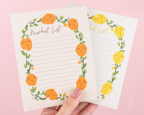 Feminist Market List Notepad- Cute Orange Stationery Planner Accessories Citrus Fruit Floral Notes To do Paper A6